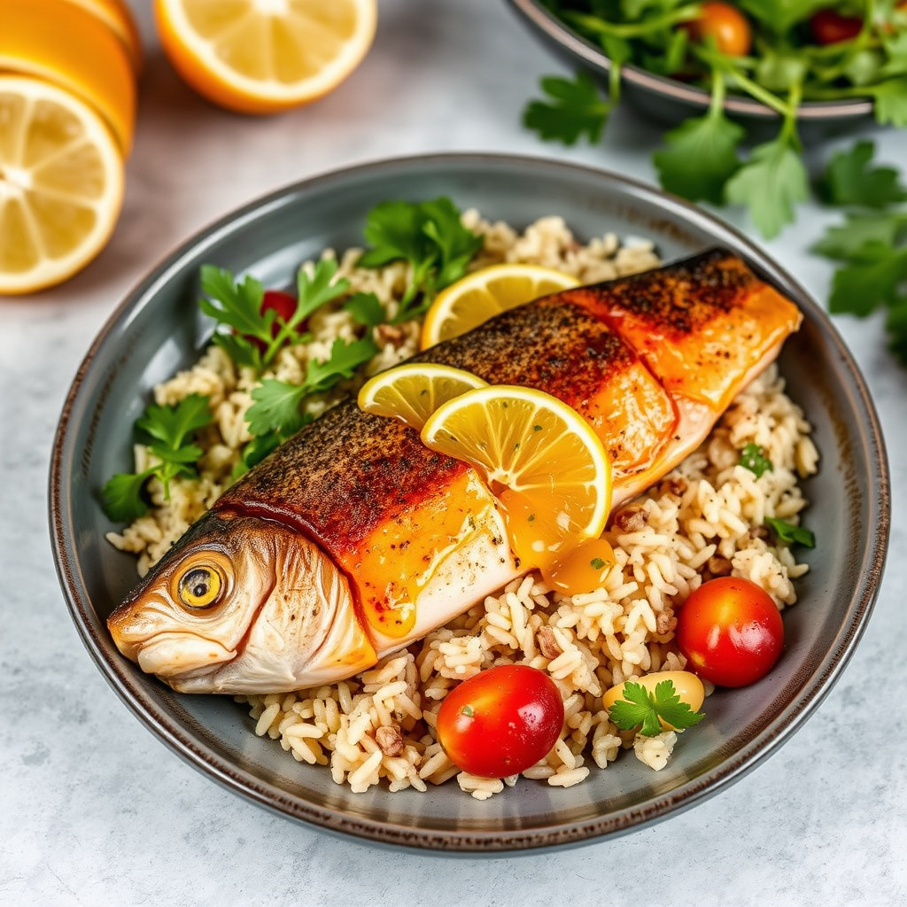 Regnbueørret med jasminris og sitrusvinaigrette