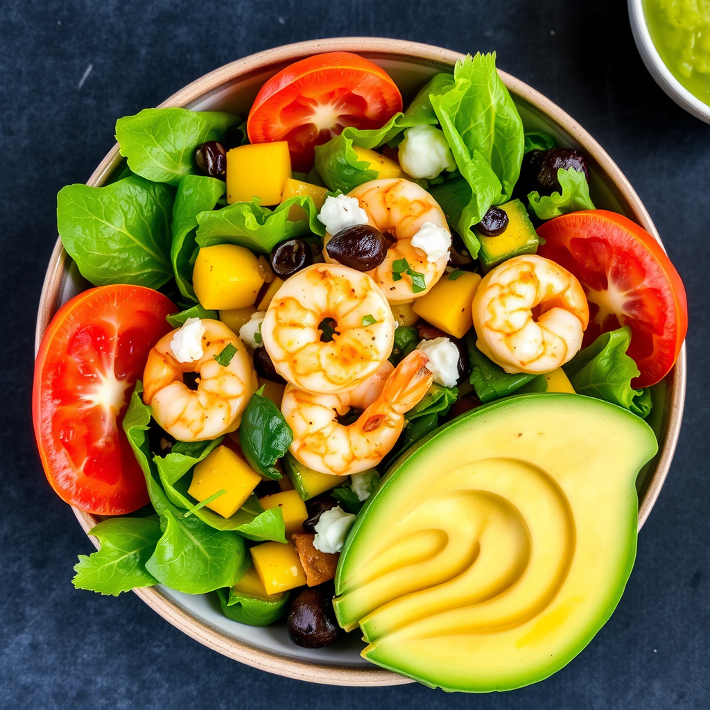 Reke-, krydret mango- og avokadosalad med sitrusdressing