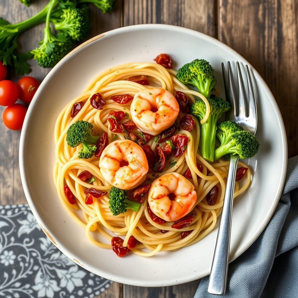 Reker, brokkoli og soltørkede tomater, scampi med angel hair