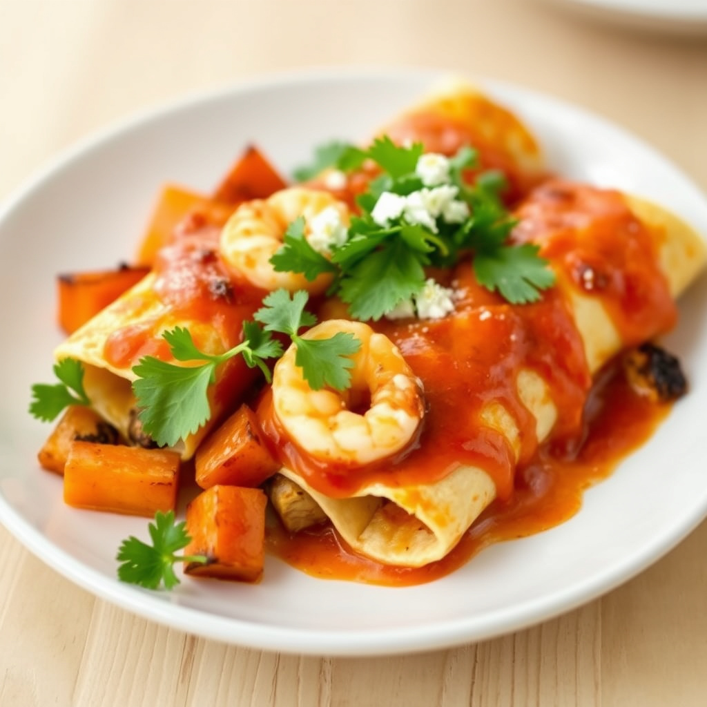Reker Enchiladas med ovnsbakte søtpoteter og pastinakk