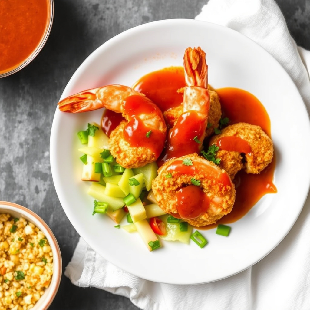 Reker i maisgrynskrust med krydret 3-2-1-saus og chayotesalat