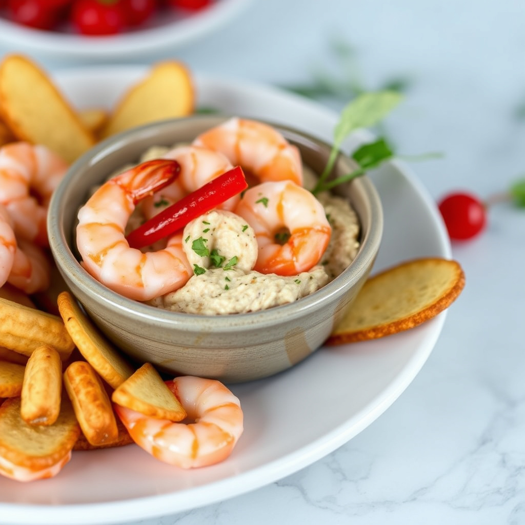 Reker med grillede paprika- og pepperrotdip