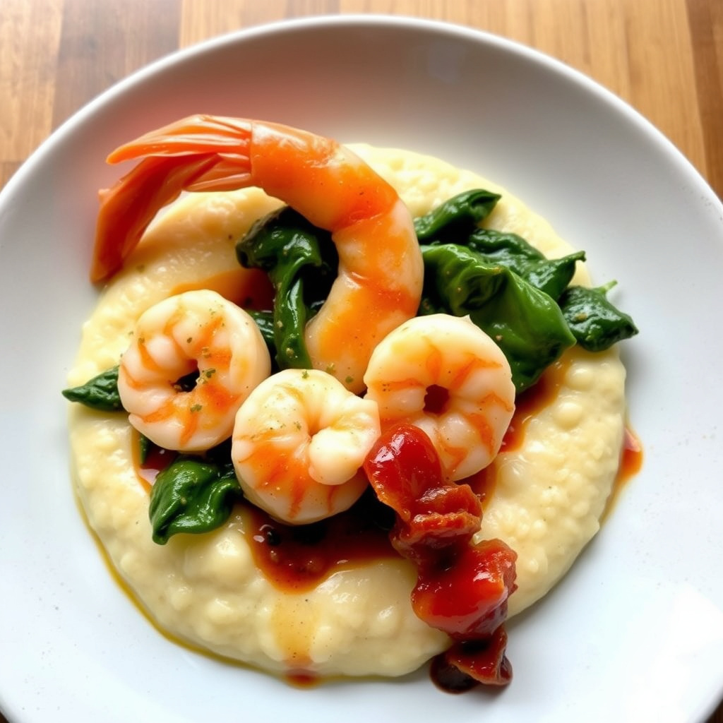 Reker og gryn med kremet spinat, tomatconfit og røkt bacon-gastrique