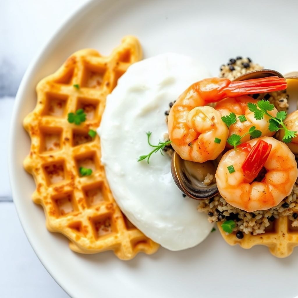 Reker og kamskjell med villrisvafler