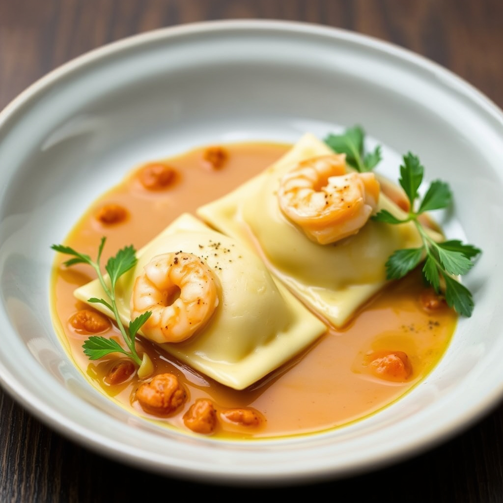Reker og salt torsk ravioli med gul paprika romesco-saus