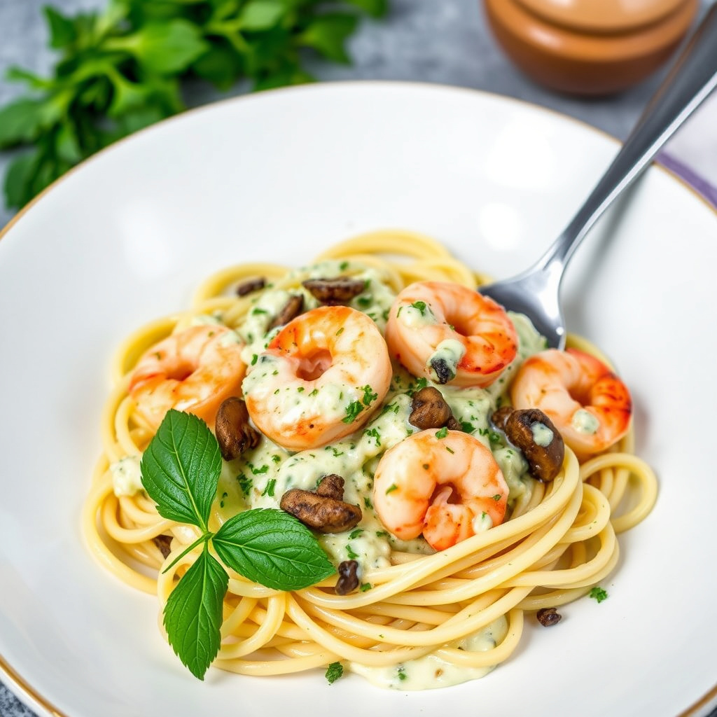 Reker og sopp linguini med kremet ost-urtesaus