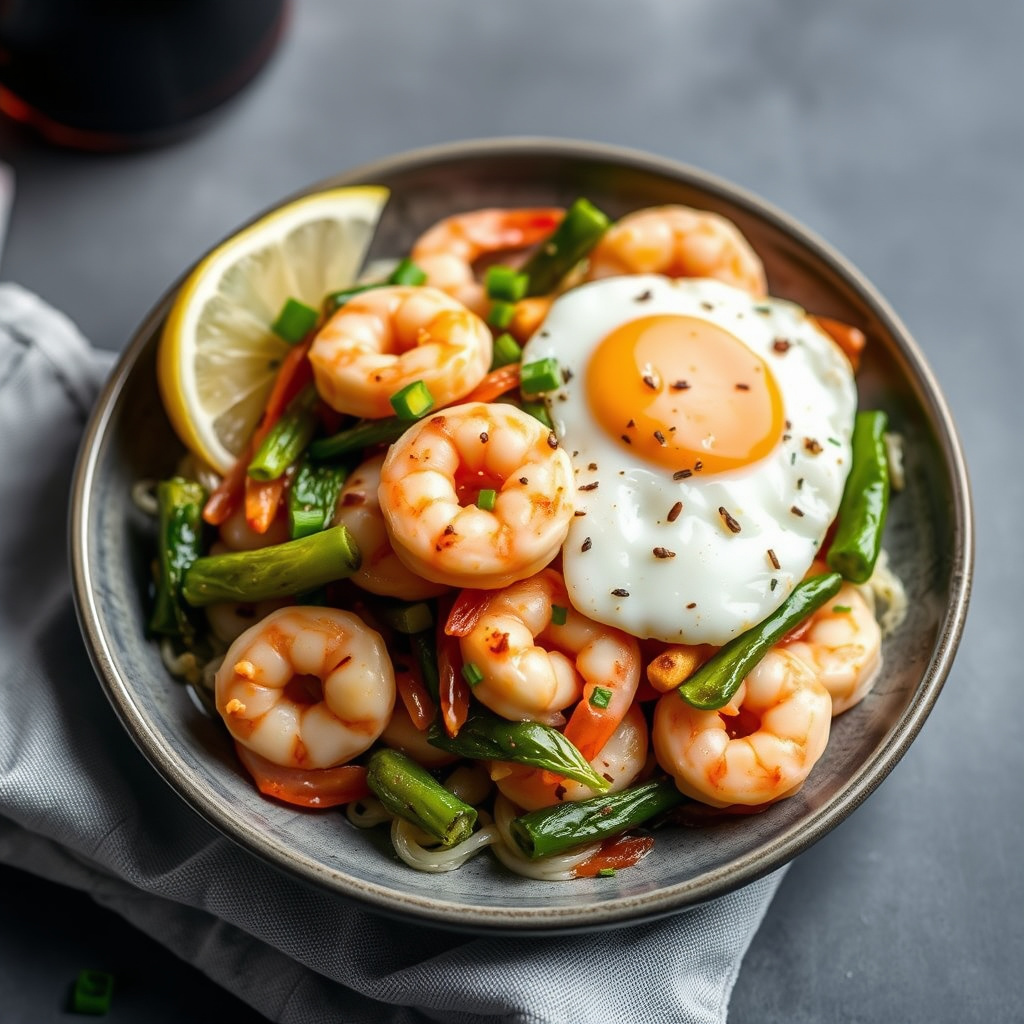 Rekerstir-fry med stekt egg og smakstilsetning av eddik