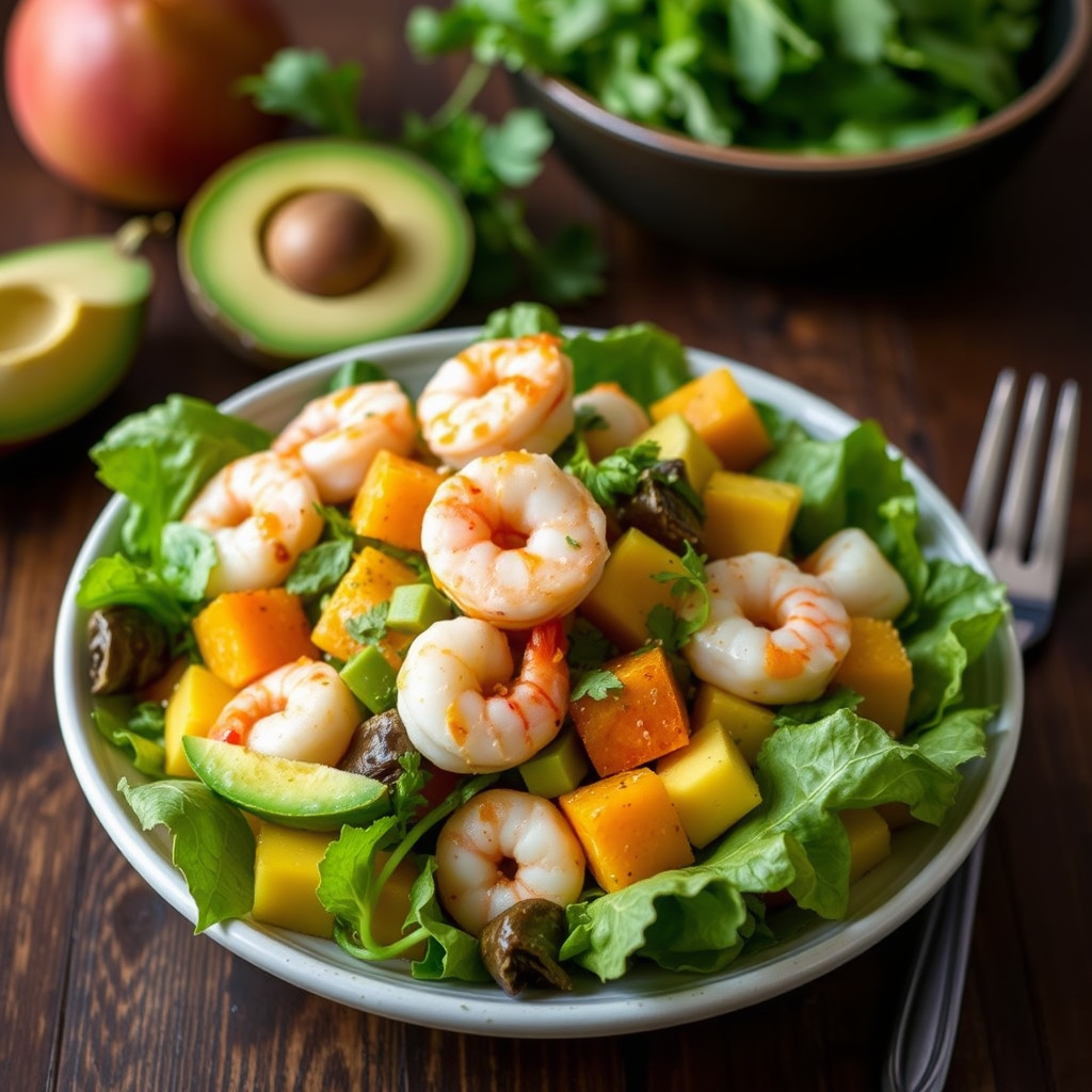 Rekesalat med mango og avocado, servert med søt chili- og ingefærvinaigrette