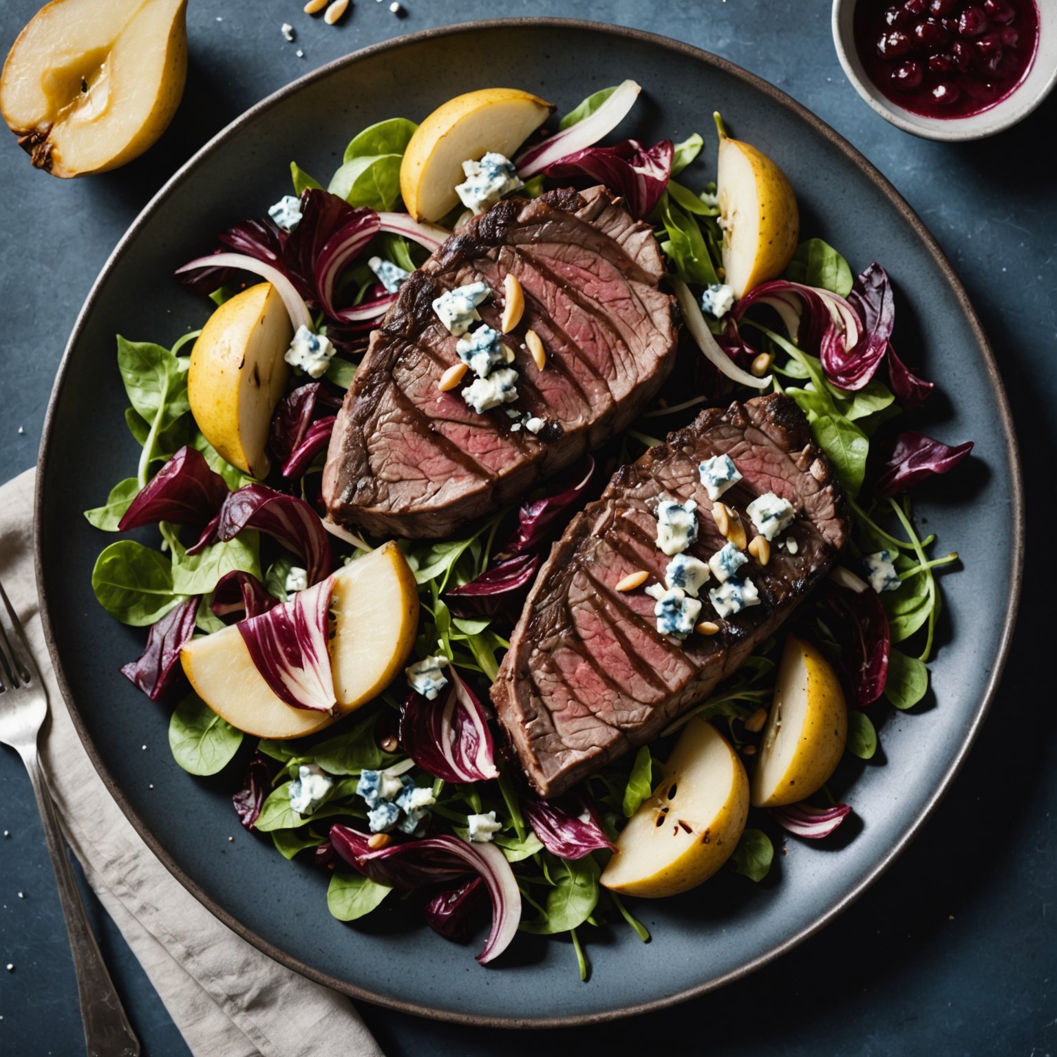 Ribbe-Steak med radicchio, pære og blåmuggostsalat