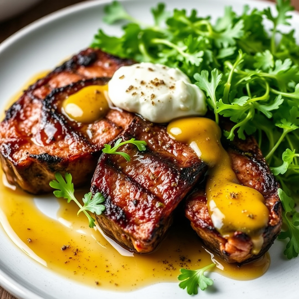 Ribeye med geitost, Meyer-sitron-honning-sennep og vannkresse