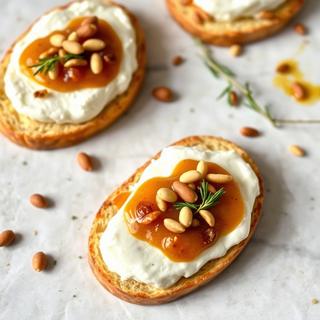 Ricottatartiner med krydret marmelade og pinjekjerner