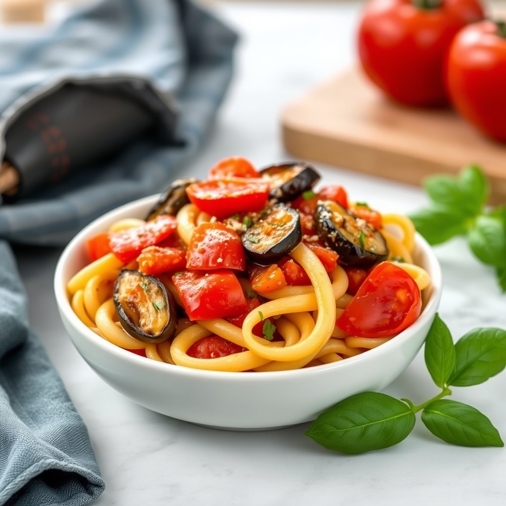 Rigatoni med aubergine, paprika og tomater