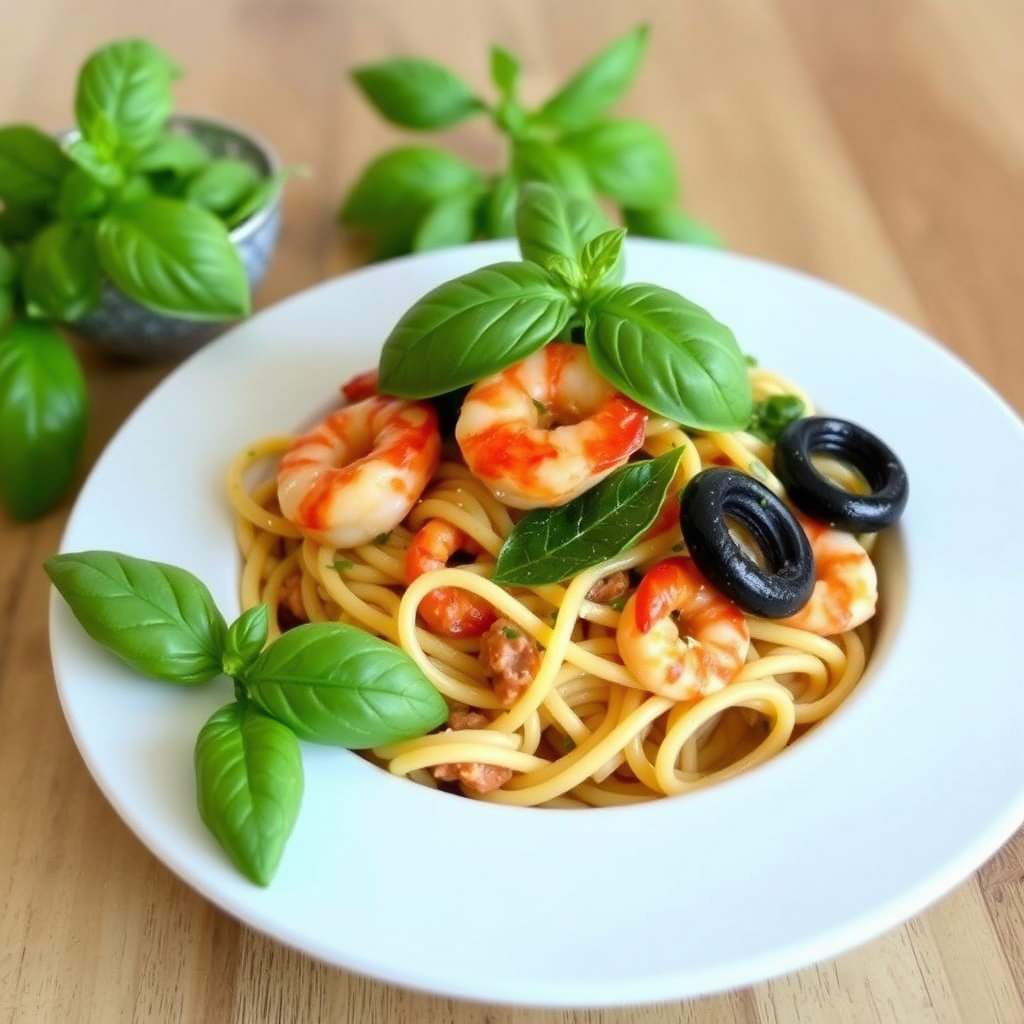 Rigatoni med reker, blekksprut og basilikum