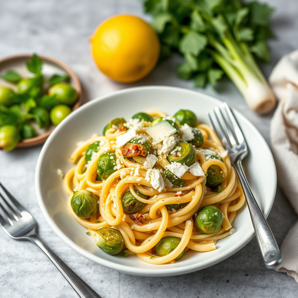 Rigatoni med rosenkål, parmesan, sitron og purre