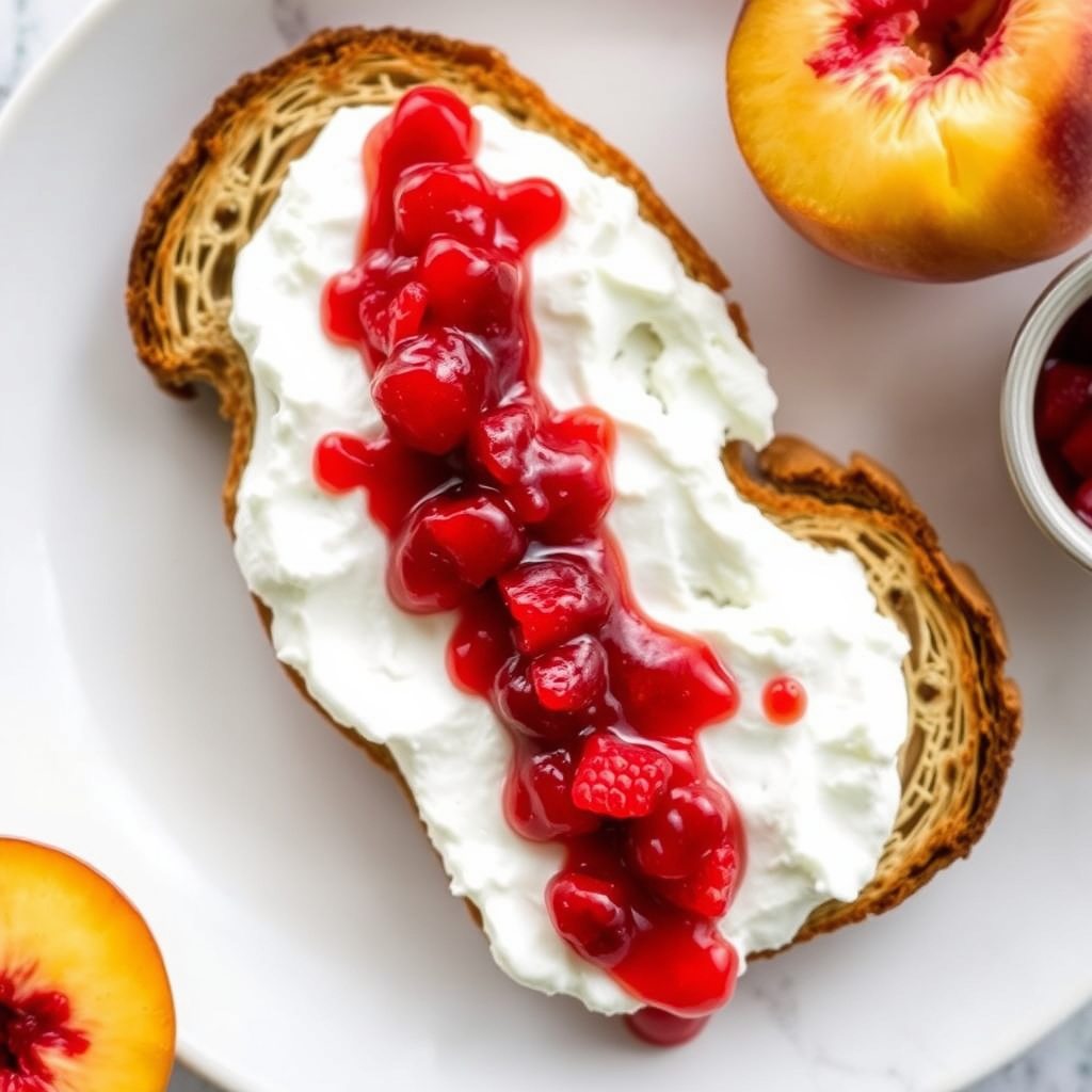 Rikottatoast med pisket ricotta og rask fersken- og bringebærsyltetøy