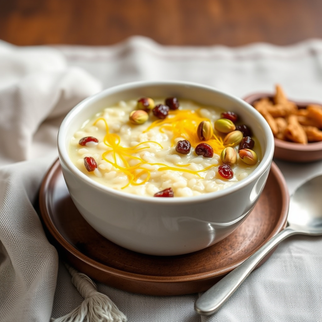Kremet risgrøt med pistasj, rosiner og safran