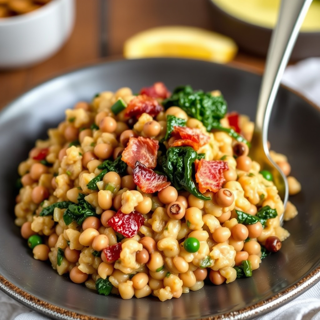 Risotto med svarte øyne-bønner, bacon og sørlige grønnsaker