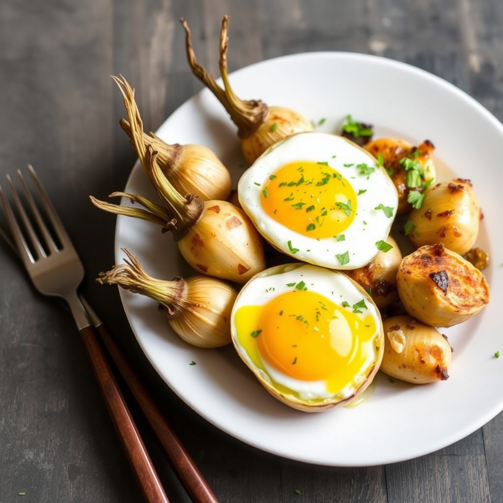 Ristede babyturnips med misobutter og speilegg