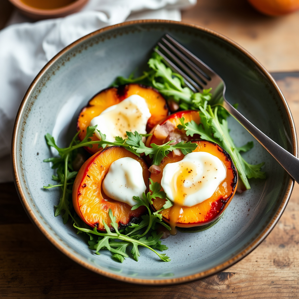 Ristede ferskner med byskinke, vill ruccola, burrataost og sorghumvinaigrette