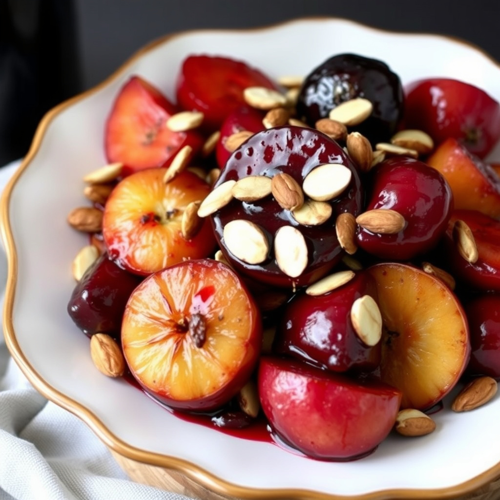 Ristede frukter med kanel- og rødvinsglasur og ristet mandel