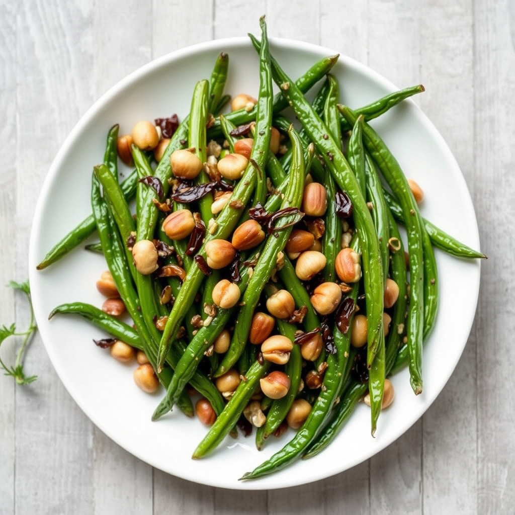 Ristede grønne bønner med karamellisert sjalottløk
