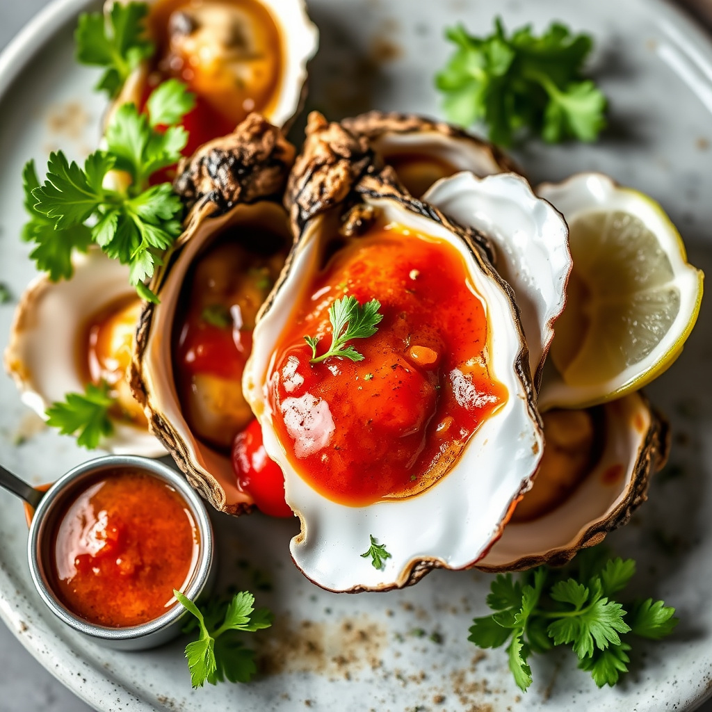 Bakte østers i øl med sterk saus