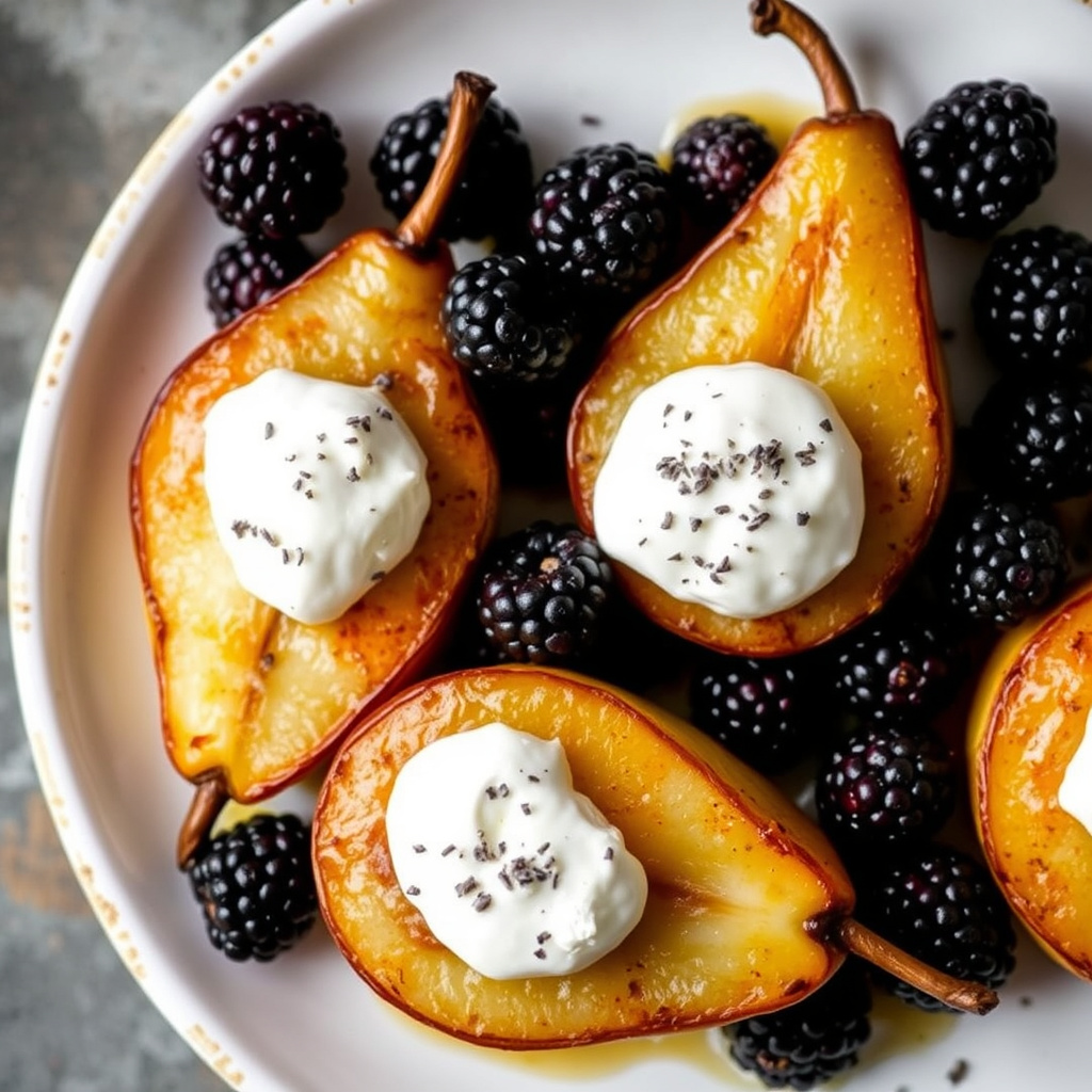 Ristede pærer med bjørnebær, ricotta og lavendelsukker
