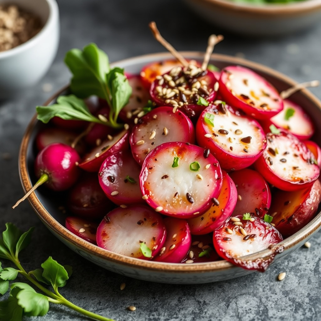 Ristede reddiker med soyasaus og sesamfrø