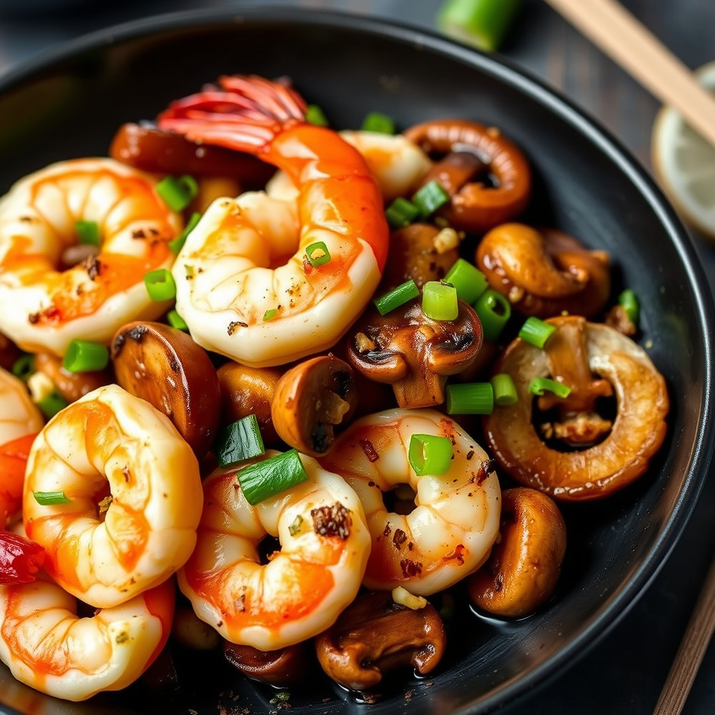 Ristede reker og sopp med ingefær og vårløk