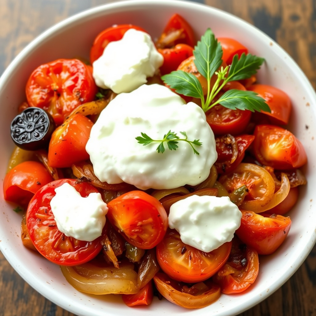 Ristede tomater og løk med fersk ricotta