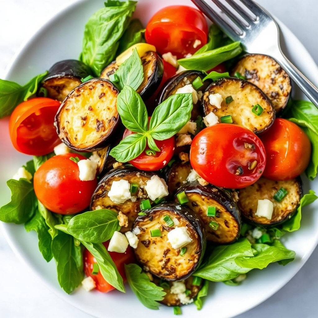 Ristet aubergine- og tomatsalat