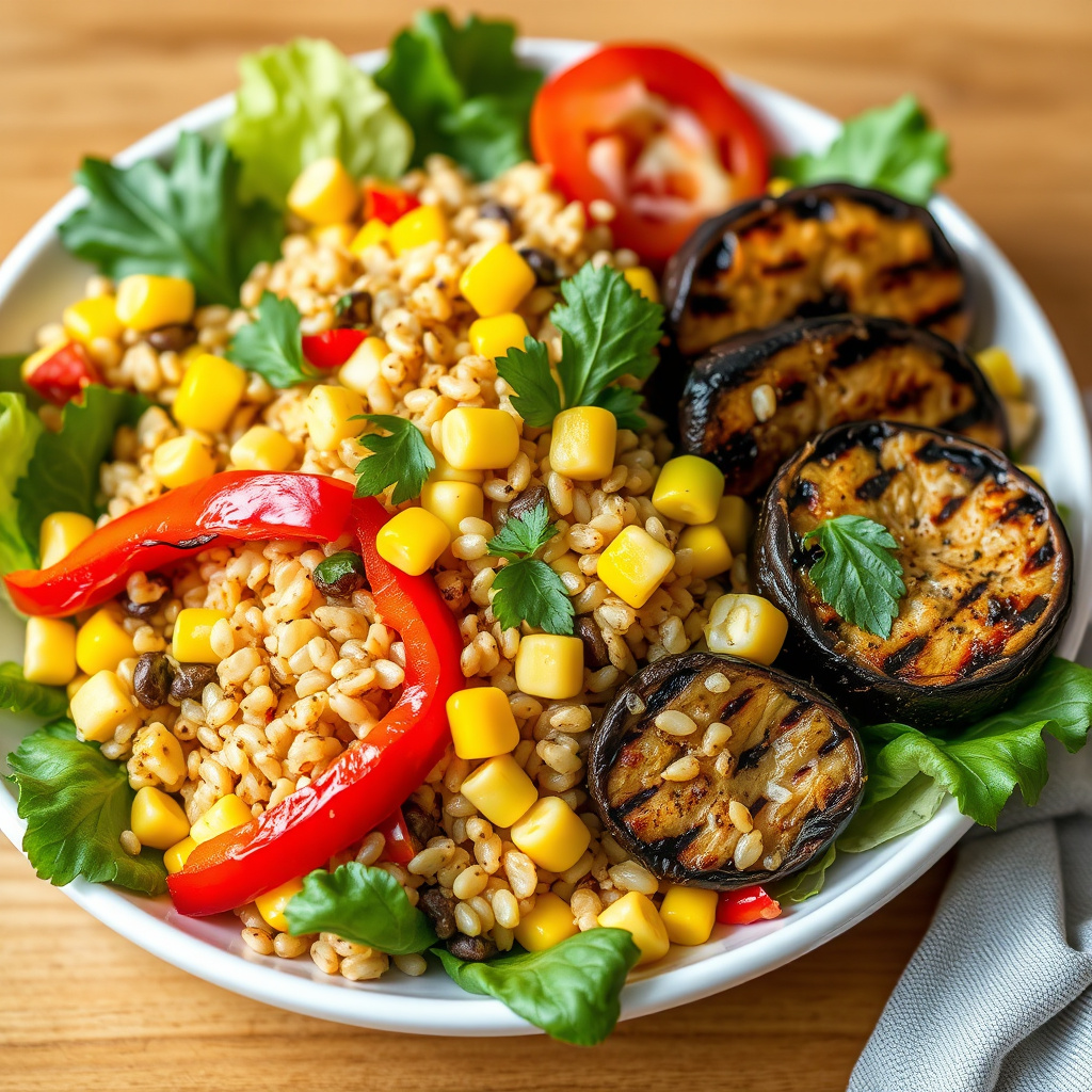 Ristet byggsalat med rød paprika, mais og grillede portobelloburgere