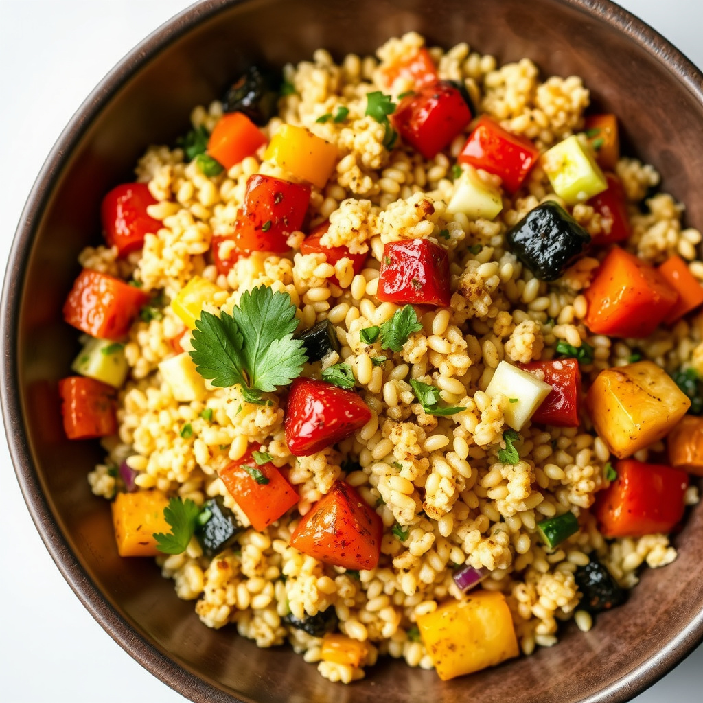 Ristet israelsk couscous med grønnsaker og sitron-balsamico vinaigrette