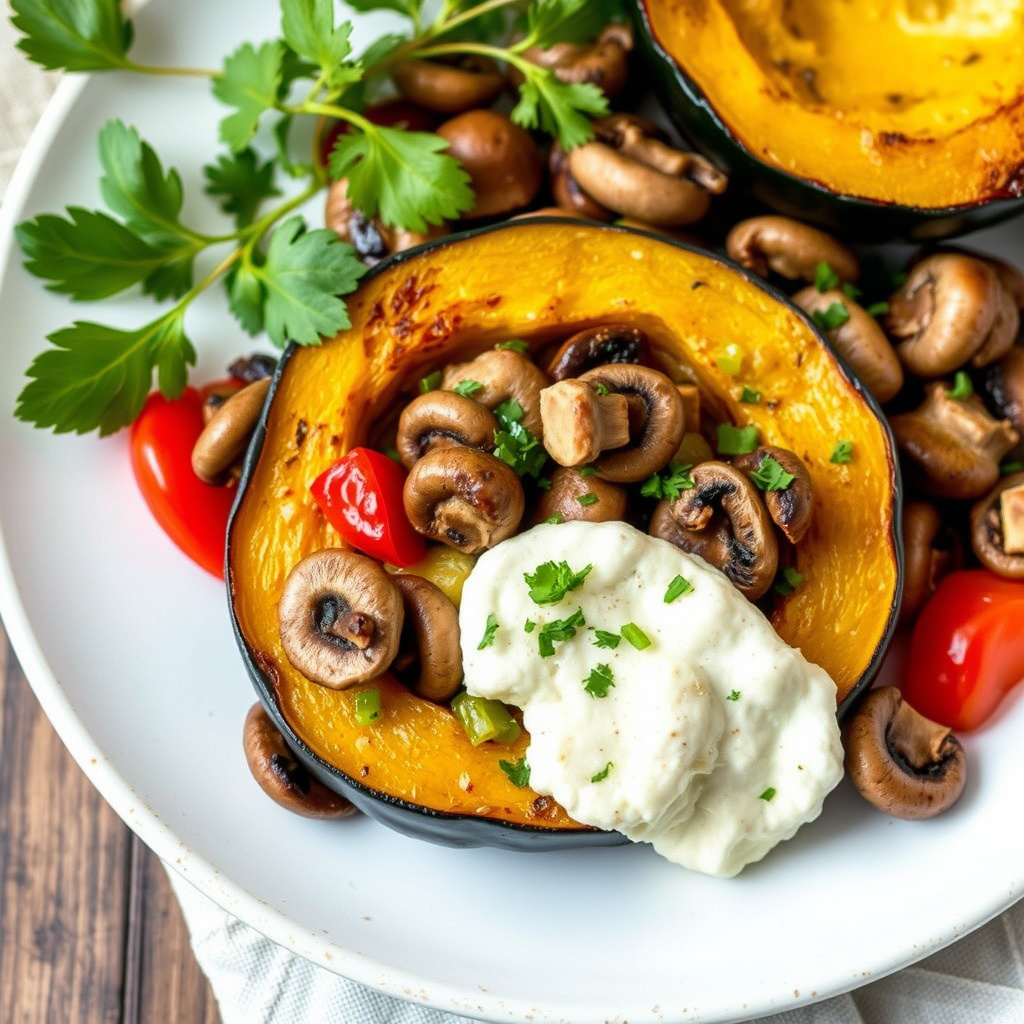 Ristet kastanjesquash med sopp, paprika og geitost