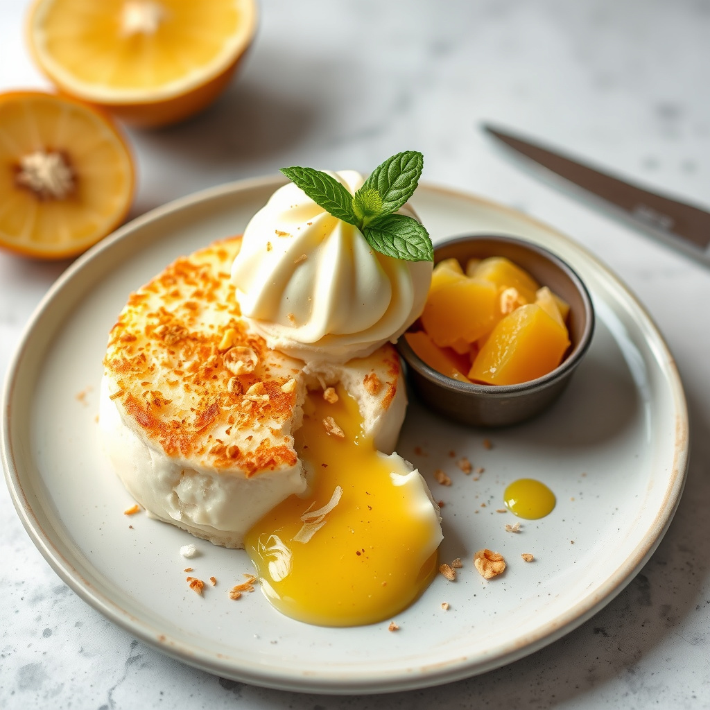 Ristet kokos-dacquoise med appelsin- og ananasis.