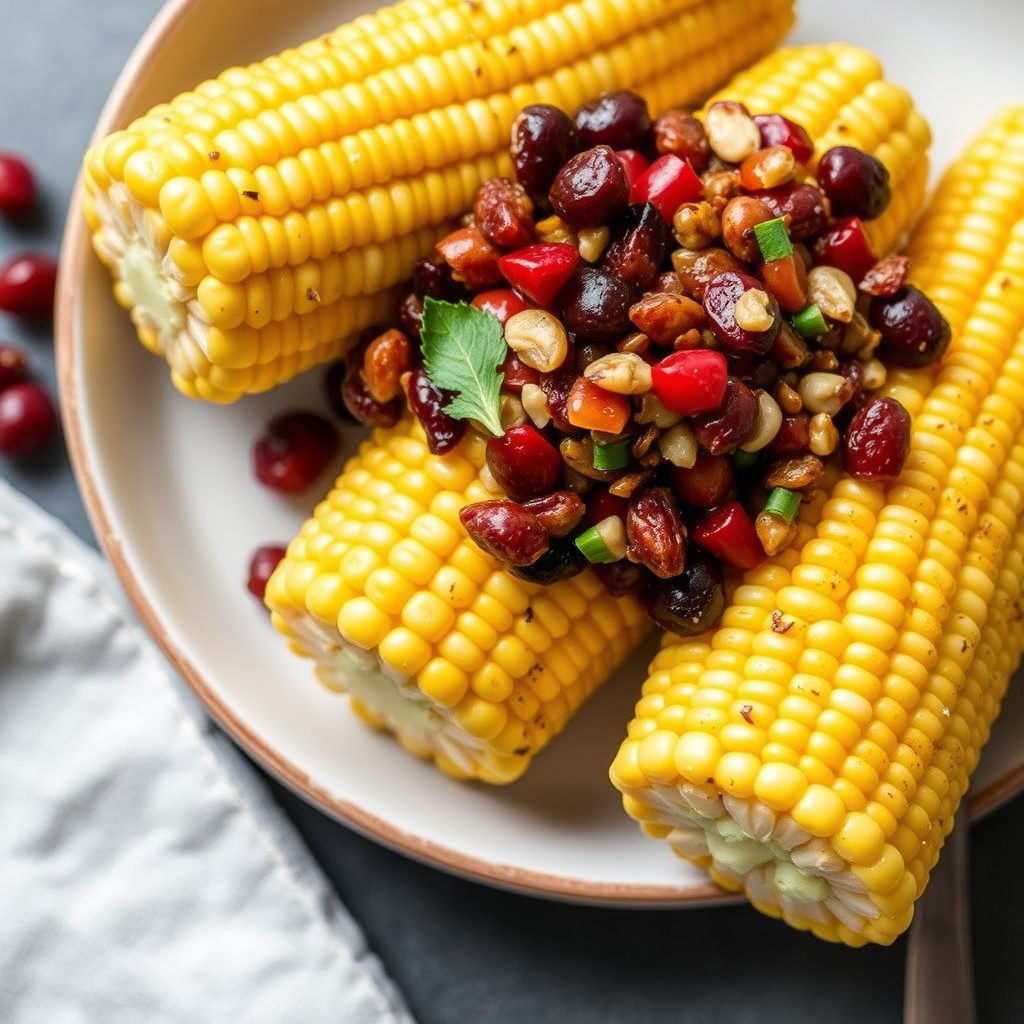 Ristet mais på stilk, tranebær og kandisert spansk peanøttsalat