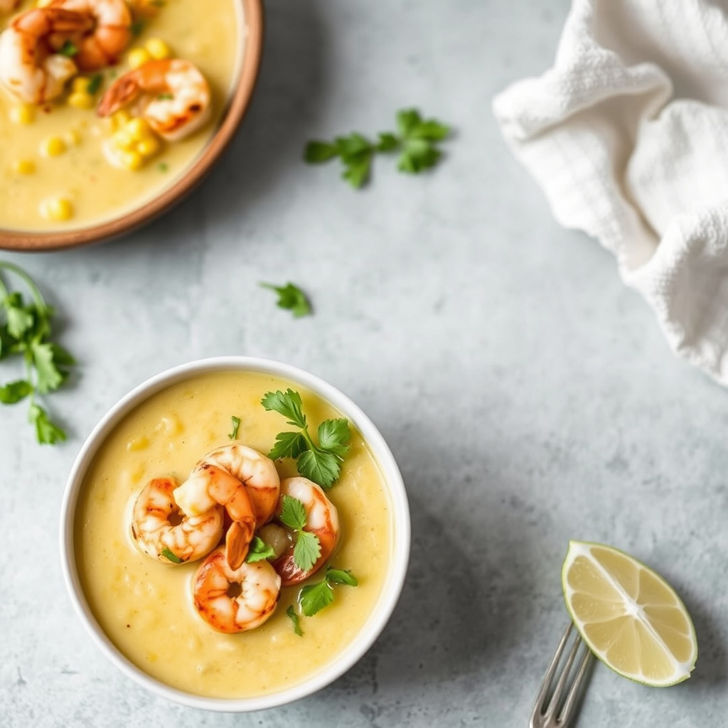 Ristet mais-suppe med lime-marinerte reker