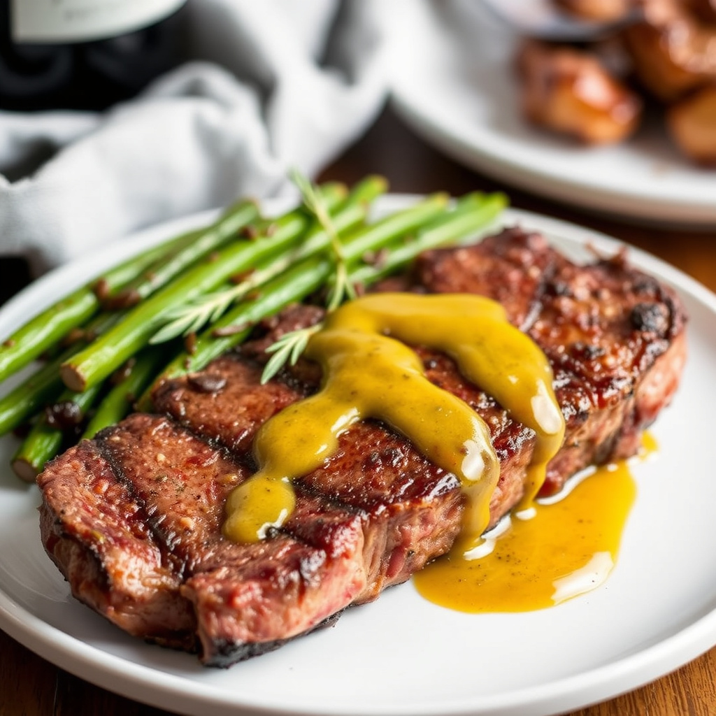 Ristet New York Strip-steak med portvins- og sennepssaus
