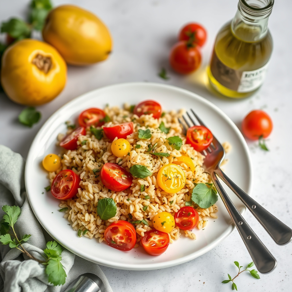 Ristet orzosalat, gule og røde pæretomater med Chardonnay-eddik