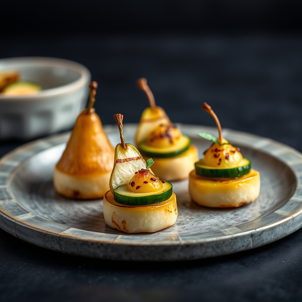 Ristet pære og varm agurk amuse bouche