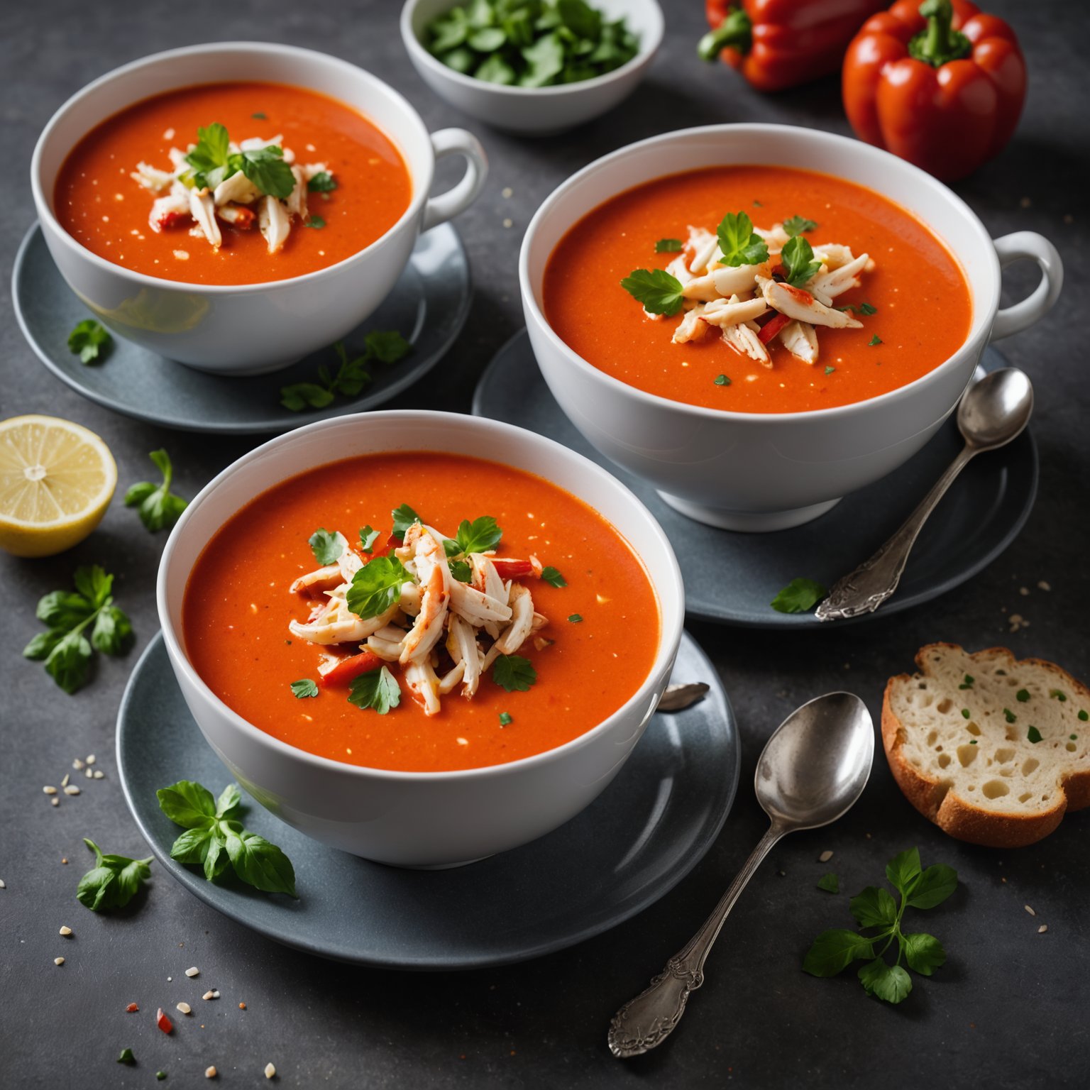 Ristet rød paprika- og krabbesuppe