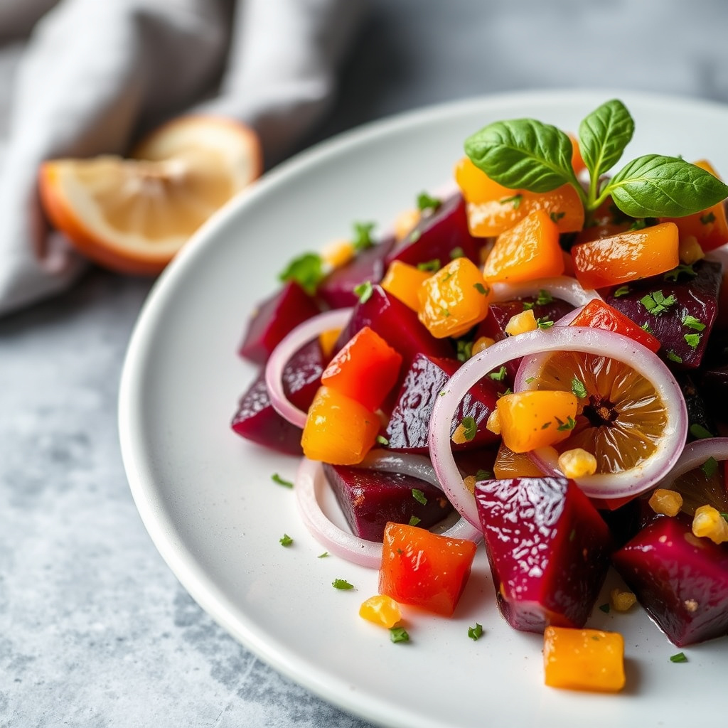Ristet rødbete-, løk- og appelsinsalat