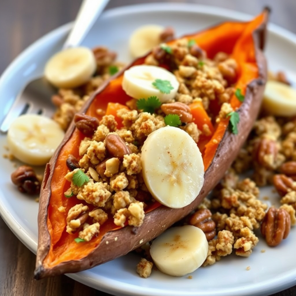 Ristet søtpotet med banan- og valnøttkrønsj