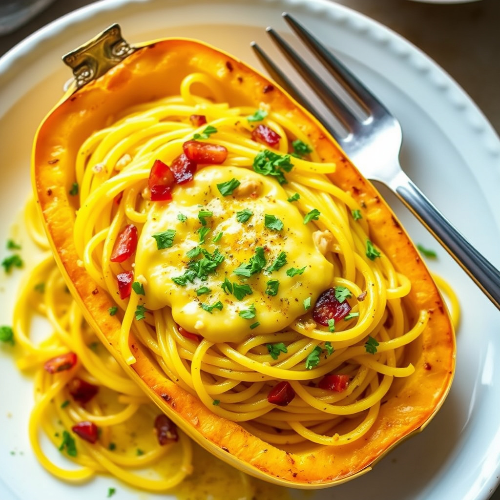 Bakt spaghetti squash med karri- og sjalottløksmør