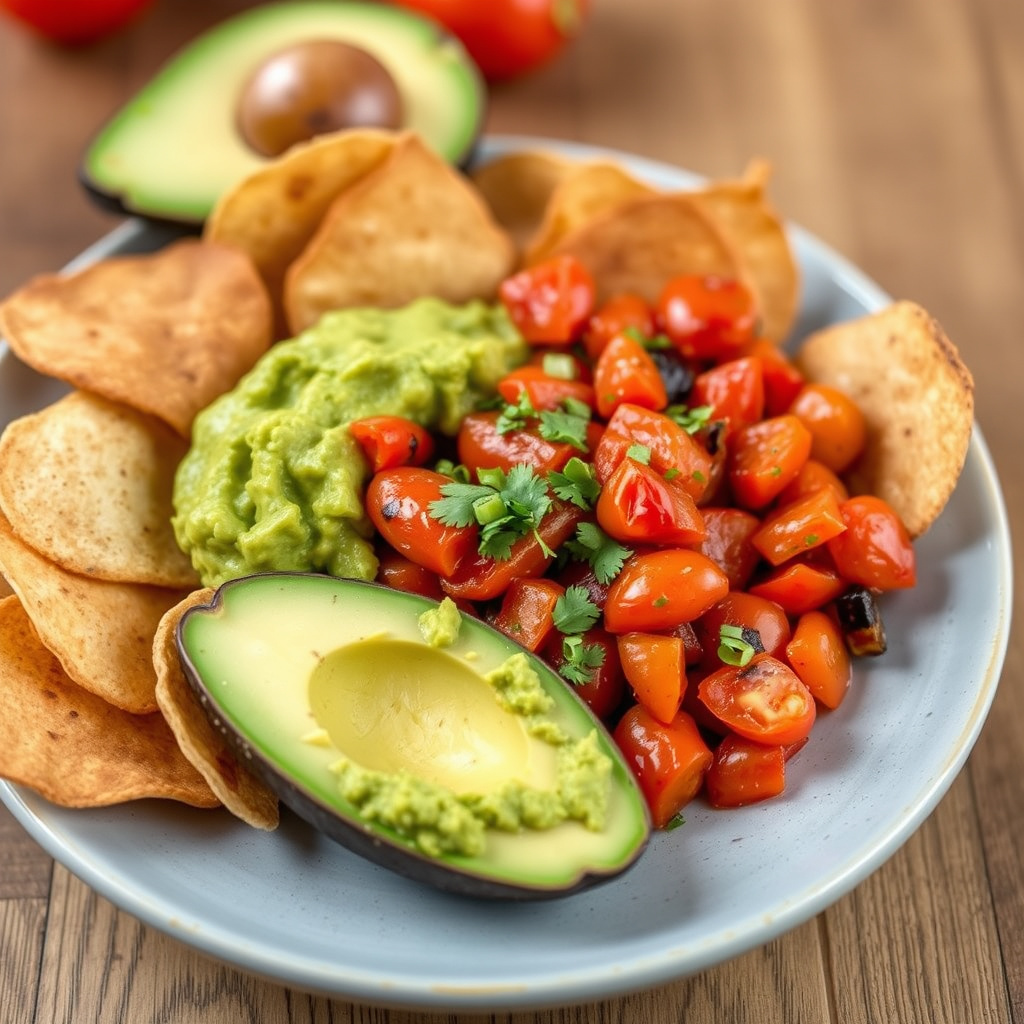 Ristet tomatsalsa med knust avokado og chips