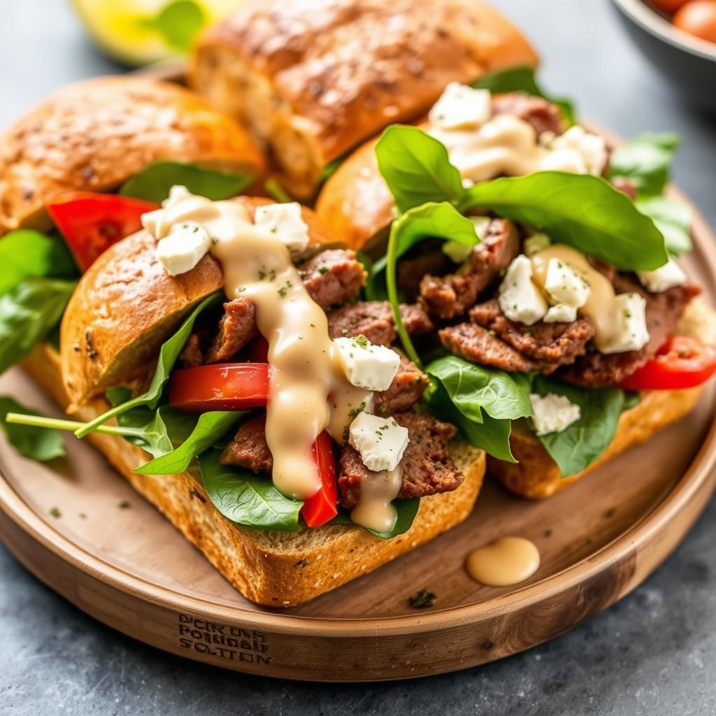 Roastbiff, rød paprika, spinat og feta-sandwich med tahinidressing