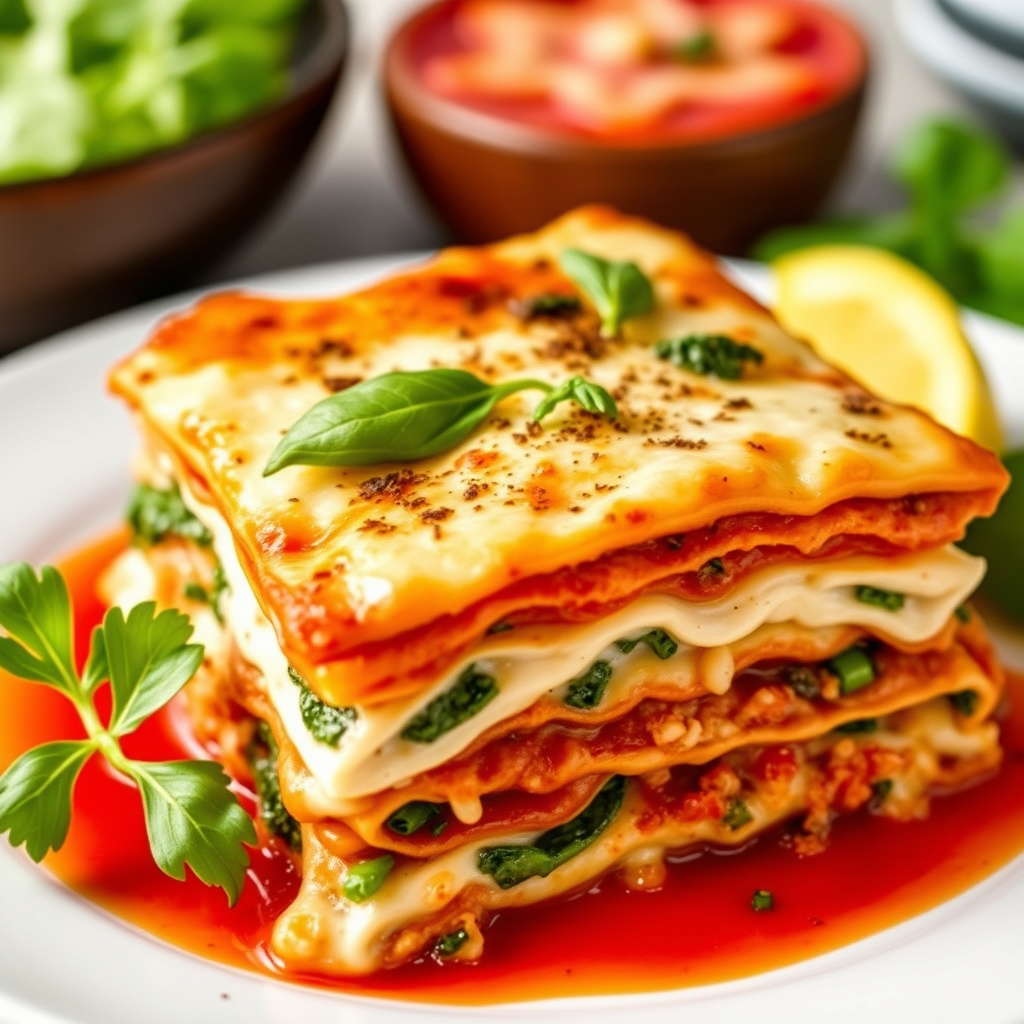 Rød, hvit og grønn lasagne