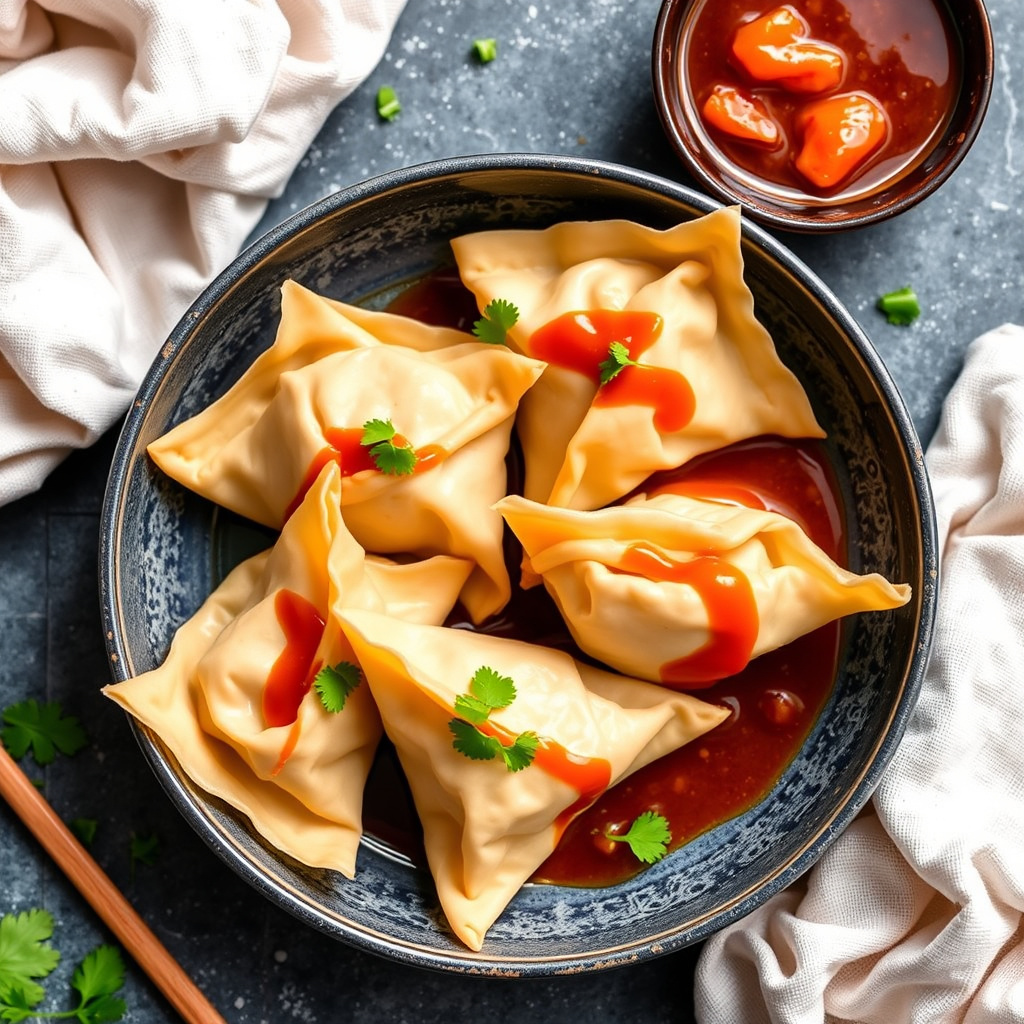 Rød karri kylling-wontons med plommesaus