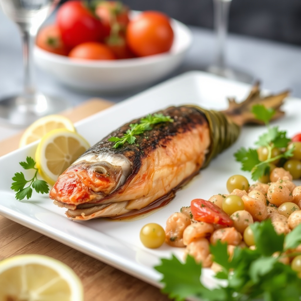 Rød snapper bakt i drueblader