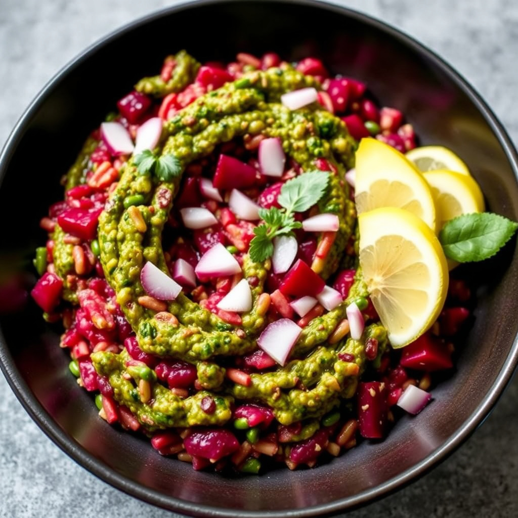 Rødbet- og rødbetbladrisotto med pepperrot